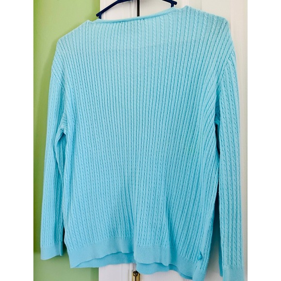 Lauren Ralph Lauren Turquoise Blue Cable Knit V-Neck Cotton Sweater Womens M - Picture 2 of 5